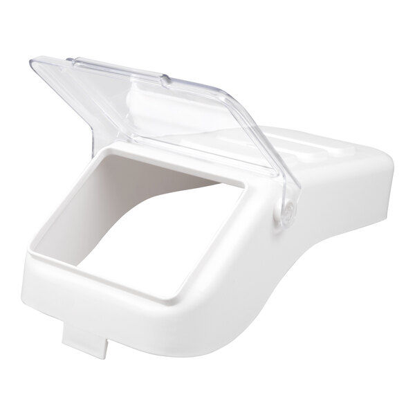 A white replacement lid with a clear flip-top cover designed for a 6.25 gallon or 100 cup shelf ingredient bin.
