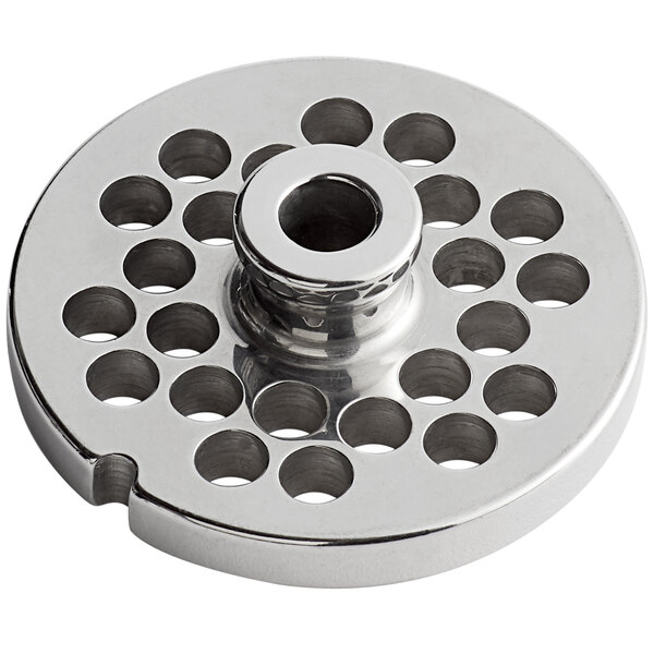 An Avantco stainless steel grinder plate with holes in it.