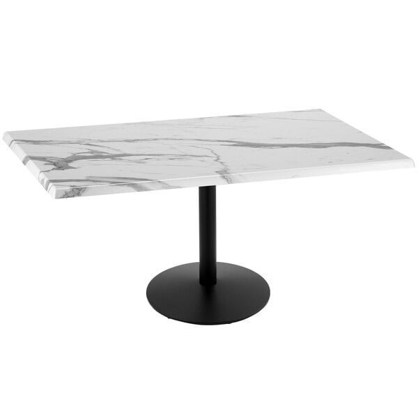 A white marble table with a black base.