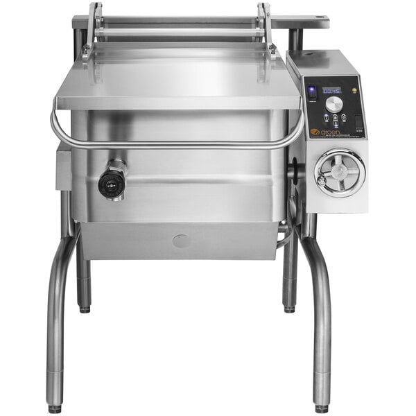 A Groen stainless steel tilting electric braising pan with a lid.