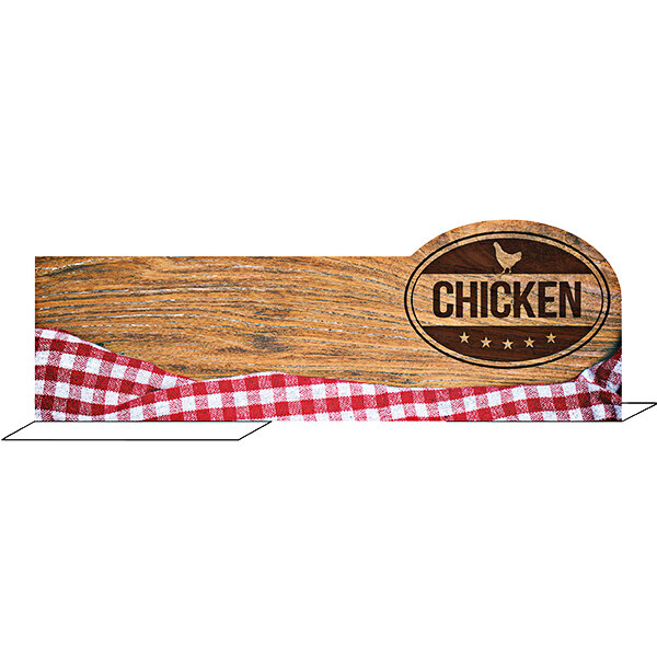 A Ketchum Manufacturing wooden chicken meat case divider with a red and white checkered sign.