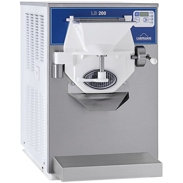 A Carpigiani commercial ice cream machine with a white and blue cover.