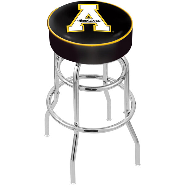 A black and yellow Holland Bar Stool with Appalachian State University logo on the seat and back.
