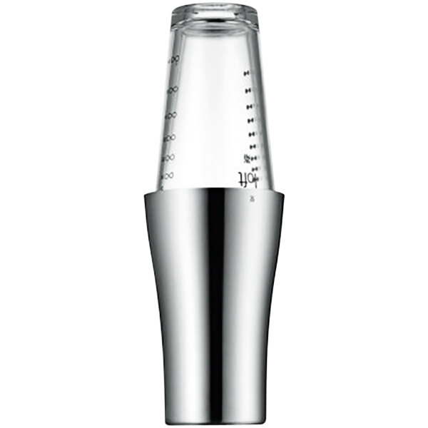 A silver WMF Boston cocktail shaker with a clear plastic lid.