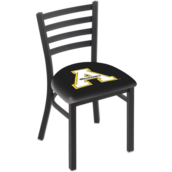 A black Holland Bar Stool chair with University of Arkansas logo on the padded seat and ladder back.
