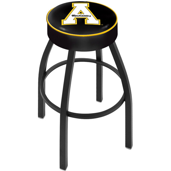 A black Holland Bar Stool with a yellow University of Arkansas logo on the seat.