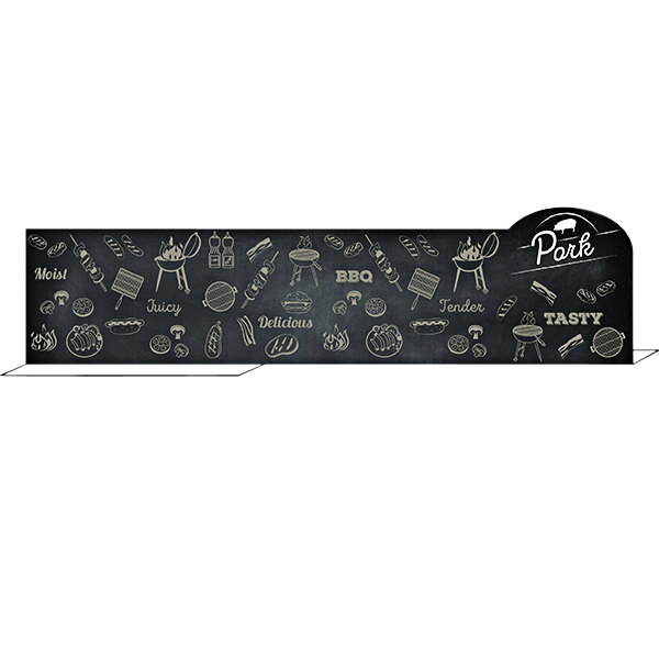 A Ketchum Manufacturing chalkboard pork meat case divider with images of food drawn on it.