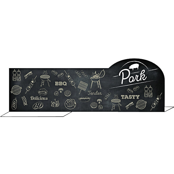 A black chalkboard pork meat case divider with white drawings of food icons.