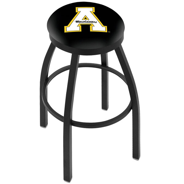A black Holland Bar Stool swivel bar stool with a University of Arkansas logo on the padded seat.
