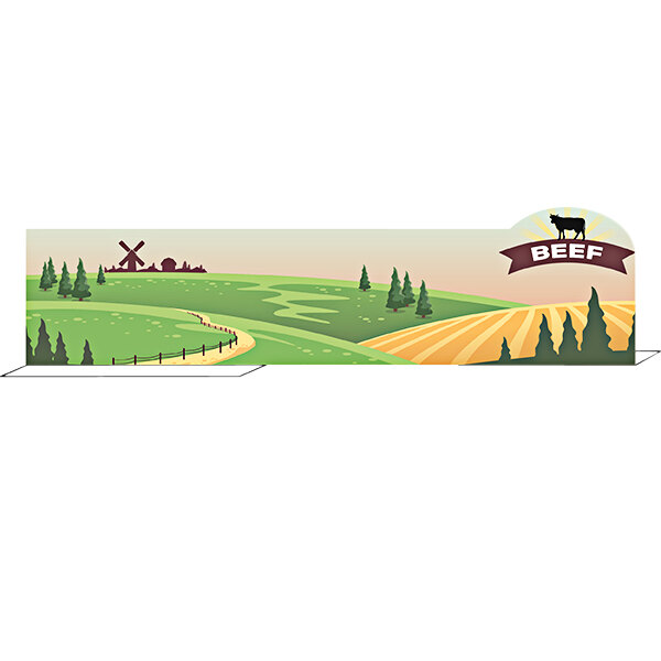 A white Ketchum Manufacturing beef meat case divider with a farm scene including cows and trees.
