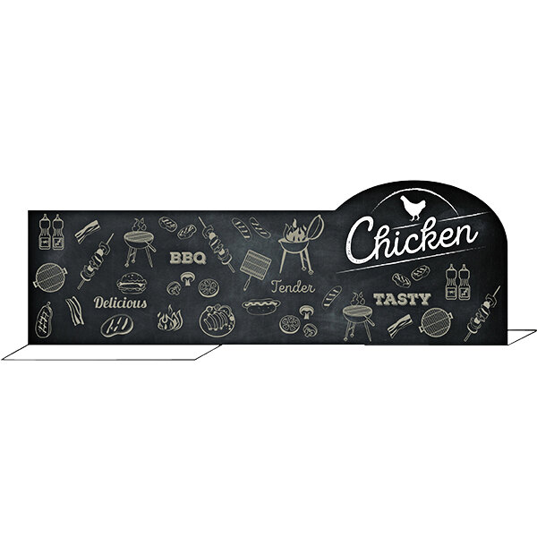 A Ketchum Manufacturing chicken meat case divider with a chalkboard surface.