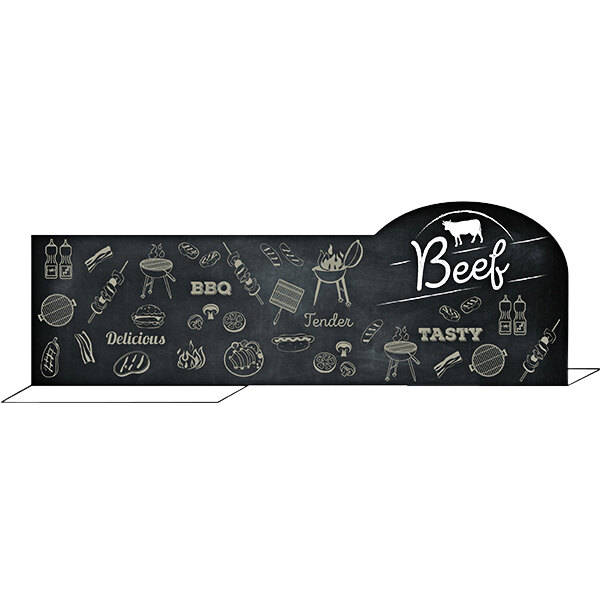 A black chalkboard display divider with white text reading "Beef" on it.