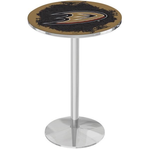 A round Holland Bar Stool pub table with an Anaheim Ducks logo on the surface and a chrome pole base.