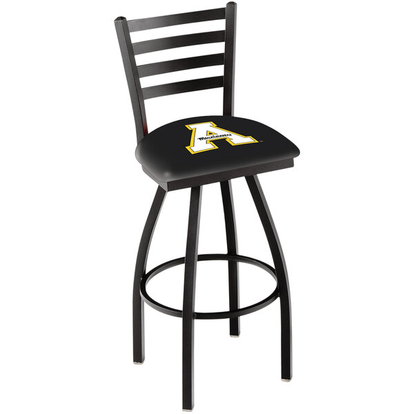 A black Holland Bar Stool with a University of Arkansas logo on the padded seat and a ladder back.