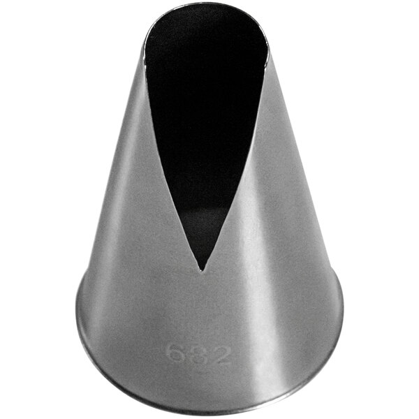 A metal triangle-shaped nozzle with a hole in the middle.