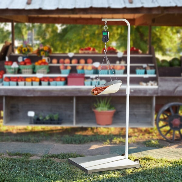 An AvaWeigh portable scale stand with a basket on it.