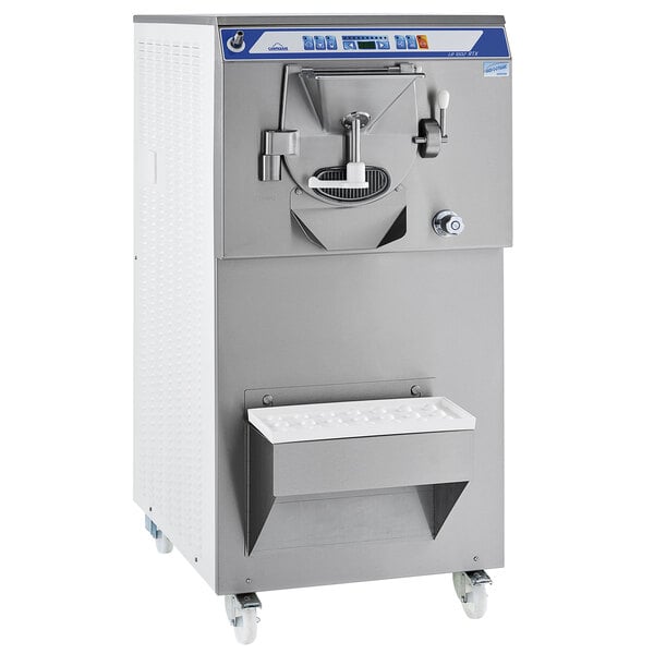 A Carpigiani commercial ice cream machine with a stainless steel base and wheels.