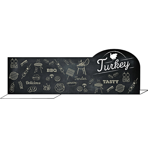 A black chalkboard divider with white turkey and food drawings.