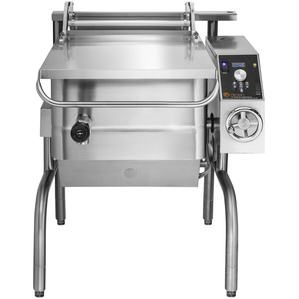 A Groen stainless steel tilting braising pan with a lid.