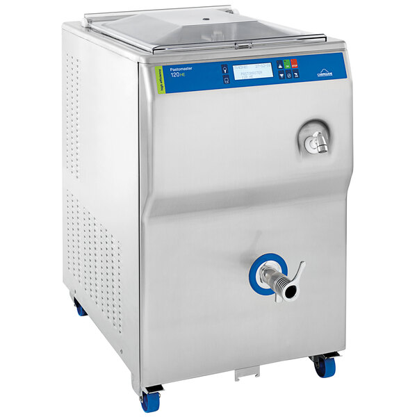 A stainless steel Carpigiani Pastomaster water cooled pasteurizer with blue and green accents.