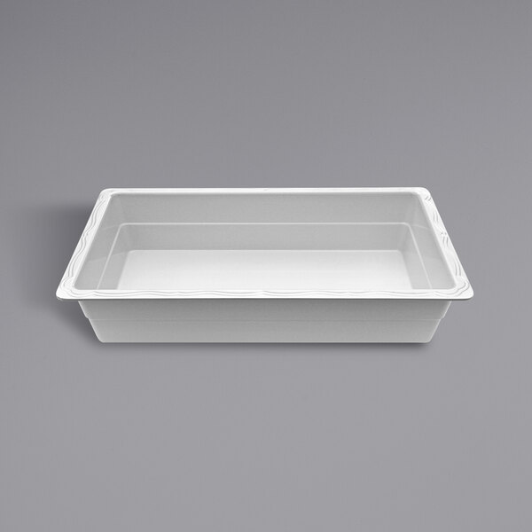 A white rectangular food pan with a white border.