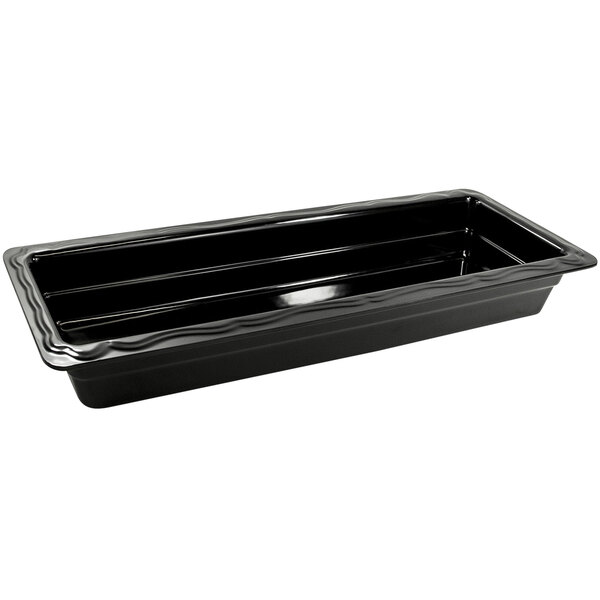 An Elite Global Solutions black melamine food pan with a black lid on a counter in a salad bar.