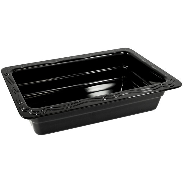 An Elite Global Solutions black melamine food pan with a curved edge.