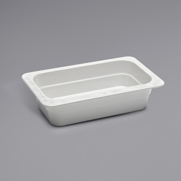 A white rectangular Elite Global Solutions melamine food pan with a white border.