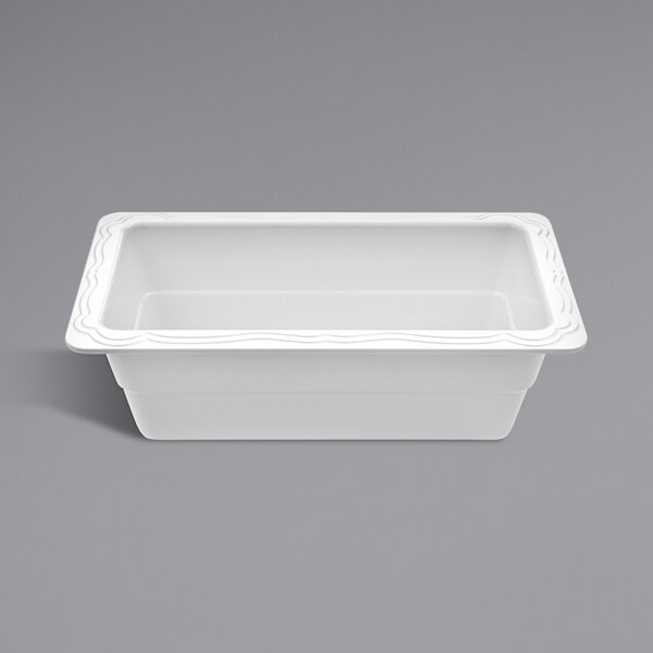 A white Elite Global Solutions melamine food pan with a lid.
