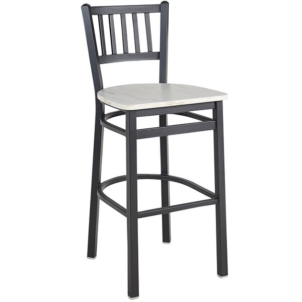 A BFM Seating black steel slat back barstool with a white seat.