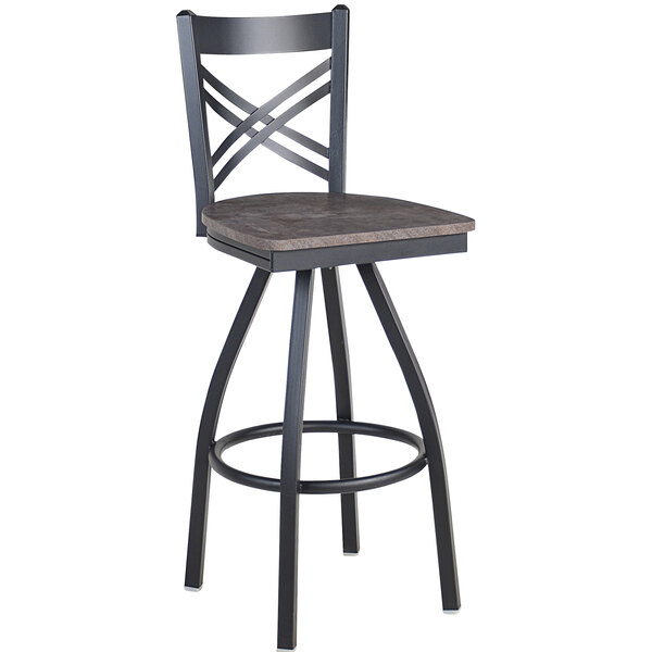 A black steel cross back barstool with a relic rustic copper seat.