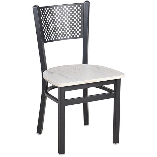 A black BFM Seating steel chair with a white relic antique wash seat.