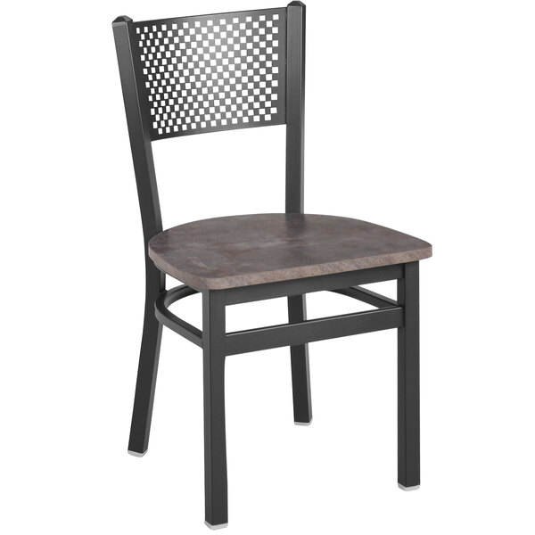 A black metal BFM Seating restaurant chair with a brown seat.