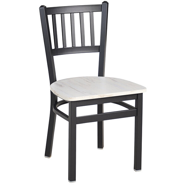 A BFM Seating black metal chair with a white seat.