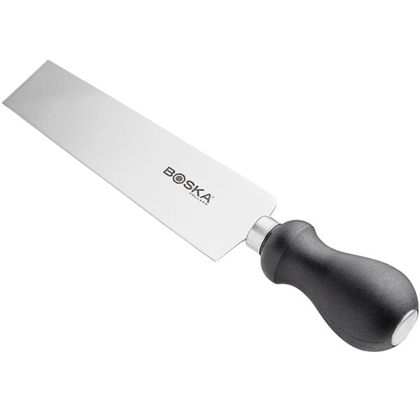 A Boska stainless steel raclette knife with a black handle and silver blade in a white box.