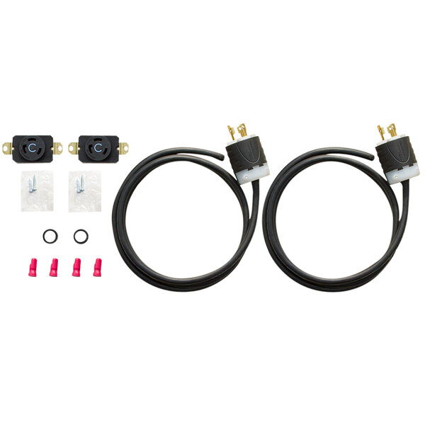 A black cord with two black connectors and a couple of plugs.