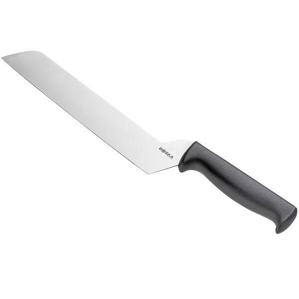 A Boska stainless steel cheese knife with a black handle.
