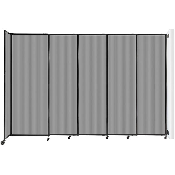 A Versare light gray room divider with black metal frame.