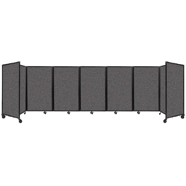 A Versare charcoal gray room divider with multiple panels and four legs.