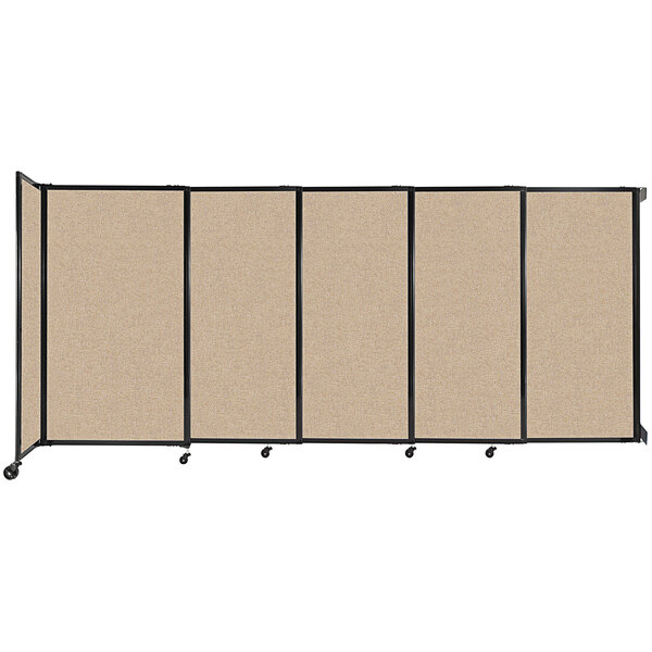 A Versare wall-mounted room divider with tan fabric panels.