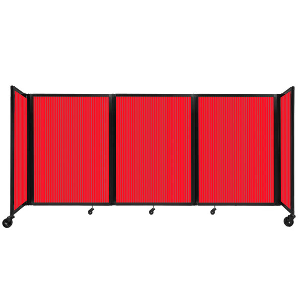 A red Versare polycarbonate folding room divider on four wheels.