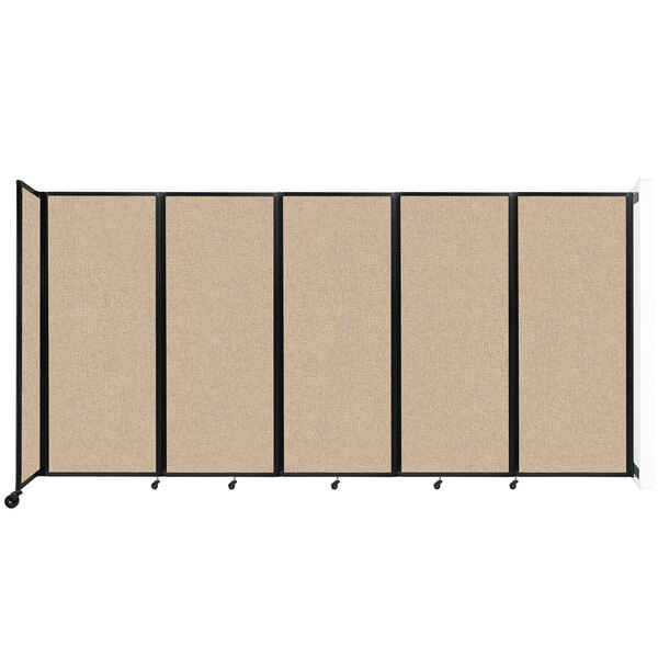 A beige wall-mounted Versare room divider with four panels.
