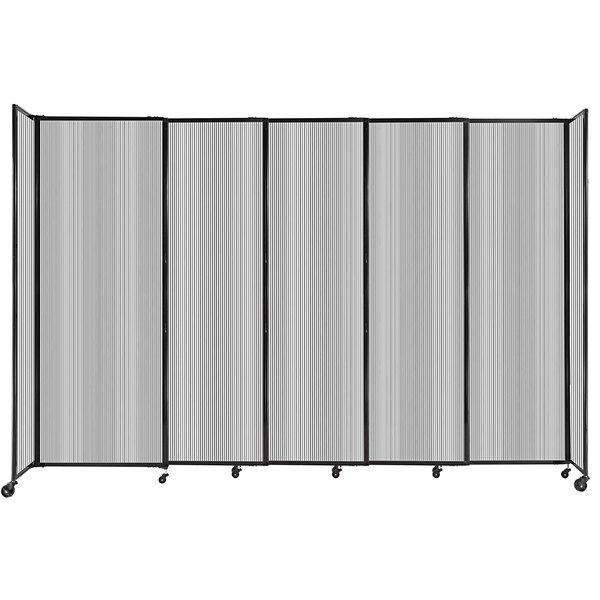 A clear Versare room divider with a black frame and wheels.