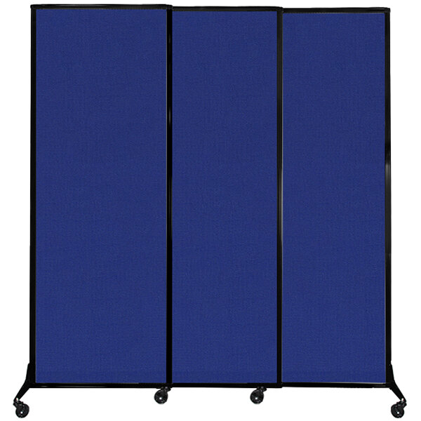 A blue room divider with black trim on wheels.
