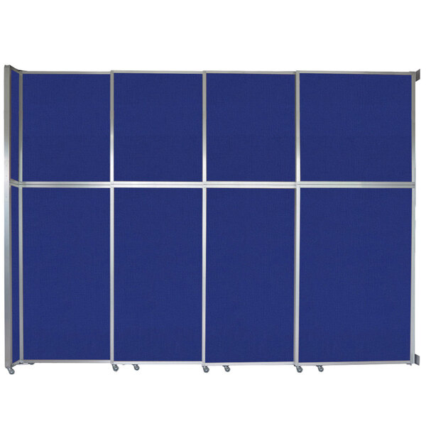 A blue room divider with a silver frame.