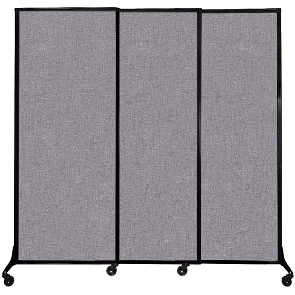 A Versare Cloud Gray Quick-Wall sliding room divider with three panels on wheels.