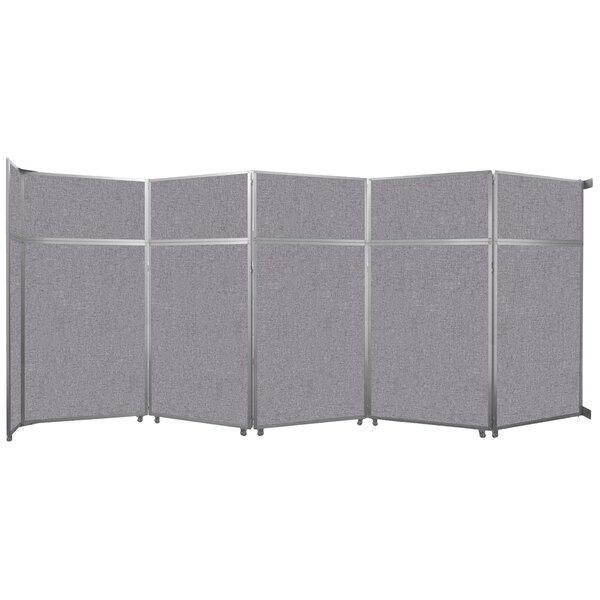 A Versare room divider with cloud gray fabric panels and silver metal frame.