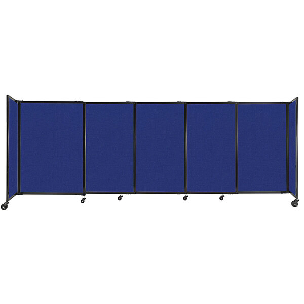 A royal blue Versare StraightWall room divider with black trim on wheels.