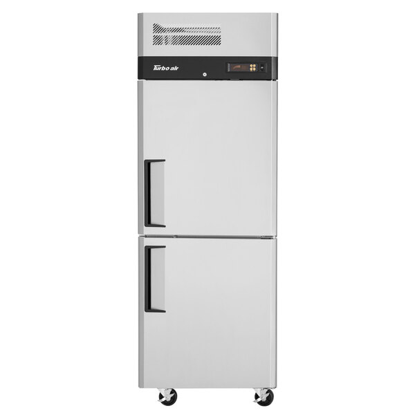 A stainless steel Turbo Air M3 Series reach-in refrigerator with black handles.