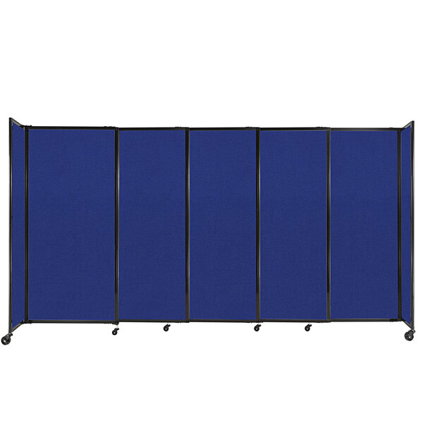 A blue rectangular Versare room divider with a black border and wheels.
